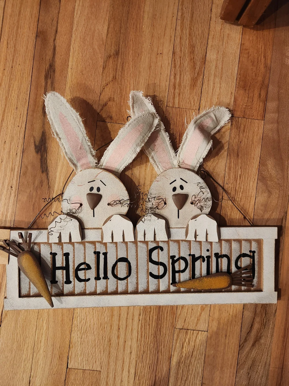 New Hello Spring Bunny Wooden Wall Sign With Wire Hanger, Easter